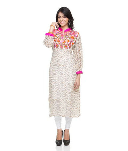 Party Wear Regular Fit Quick Dry 3/4 Sleeves Embroidered Cotton Kurti For Ladies