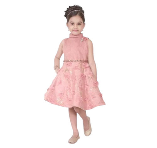 Party Wear Straight Collar Sleeveless Embroidered Polyester Frock For Girls