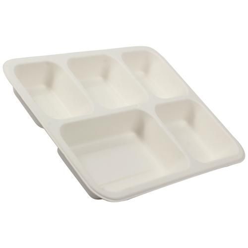 White Rectangular Plain Paper Five Compartment Disposable Tray For Event And Parties Use