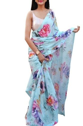 Summer Ladies Printed Blue Casual Wear Chiffon Saree