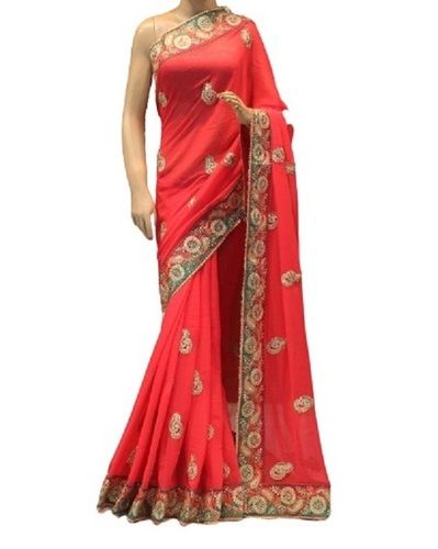 Summer Ladies Printed Red Party Wear Crepe Fancy Saree