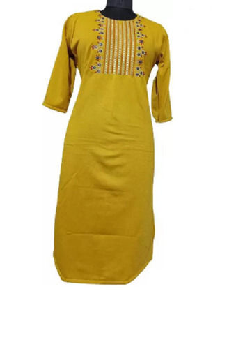 Yellow Multi Color Plain Pattern 3/4 Th Sleeves Round Neck Kurtis For Ladies