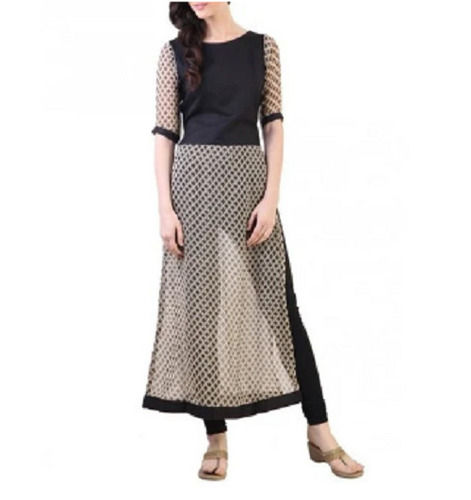 Skin & Black Ladies 3-4 Sleeves Chiffon Silk Kurti 