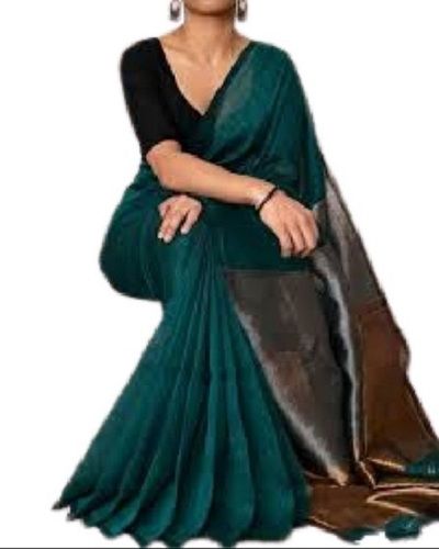 Silk Ladies Causal Wear Plain Green With Grey Cotton Saree With Attach Blouse