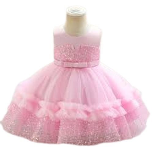 Round Neck Sleeveless Plain Pink Chiffon Kids Frock