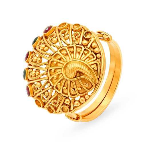 Golden 5.470Gram 16.80Mm Round Polished Crystal And Gold Finger Ring