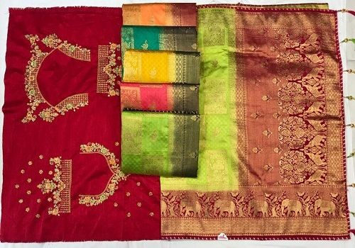 Multi Banarasi Style Zari Work And Embroidery Art Silk Saree For Ladies 