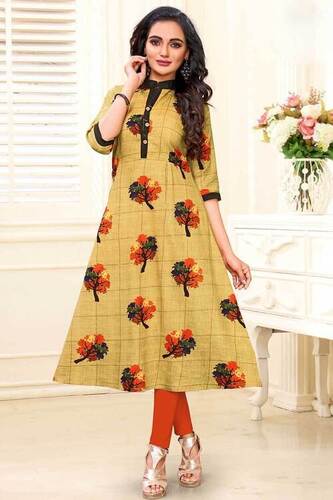 Yellow Ladies 3/4Th Sleeves Fancy Printed Cotton Kurti For Casual Wear