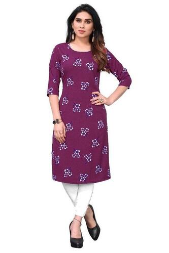 Ladies 3/4th Sleeves Printed Crepe Kurti For Casual Wear