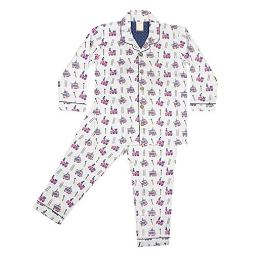 Kids Printed White Full Sleeve Cotton Night Suit