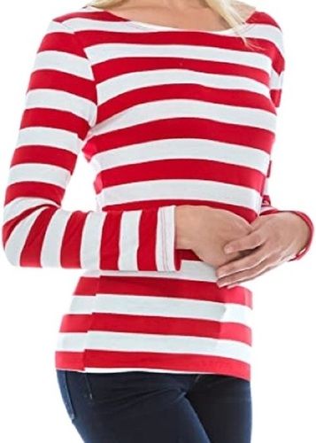 Ladies Striped White With Red O Neck Long Sleeve Cotton T Shirts Age Group: Above 18