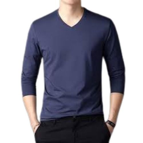 Navy Blue Mens Causal Wear Full Sleeve Plain V Neck Cotton T Shirt 