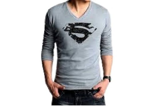 Mens Printed Grey With Black Long Sleeve V Neck Casual Wear Cotton T Shirt Gender: Male