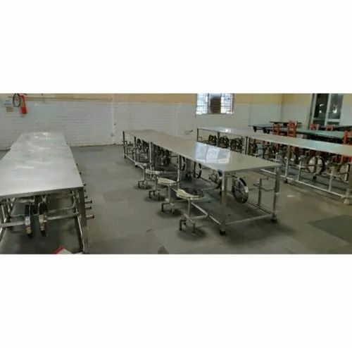 Floor Mounted Polished Finish Stainless Steel Canteen Dining Table Set 