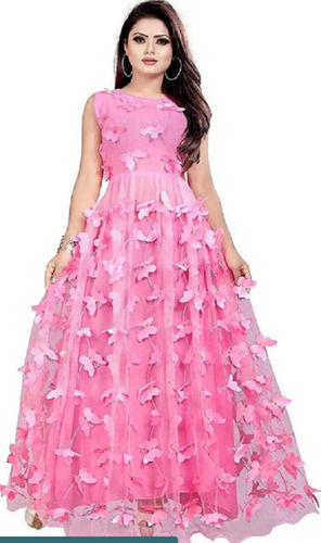 Multi Color Sleeveless And Zipper Closure Butterfly Net Design Gown Bust Size: 38 Inches Inch (In)