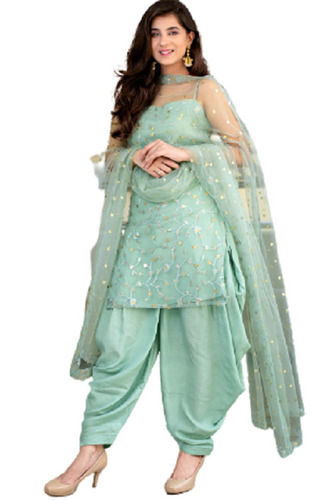 Light Green Party Wear Designer Embroidered Net Salwar Kameez With Dupatta