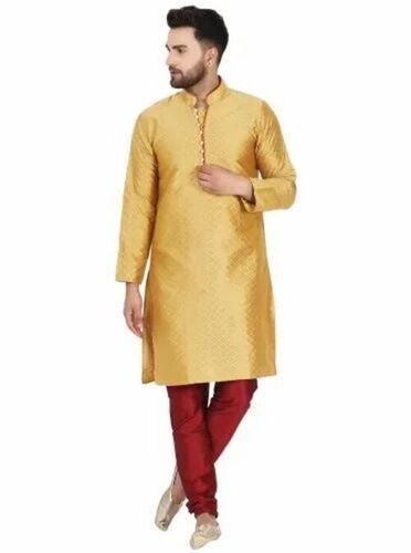 Cream Washable Long Sleeves Plain Traditional Wear Silk Kurta For Mens 