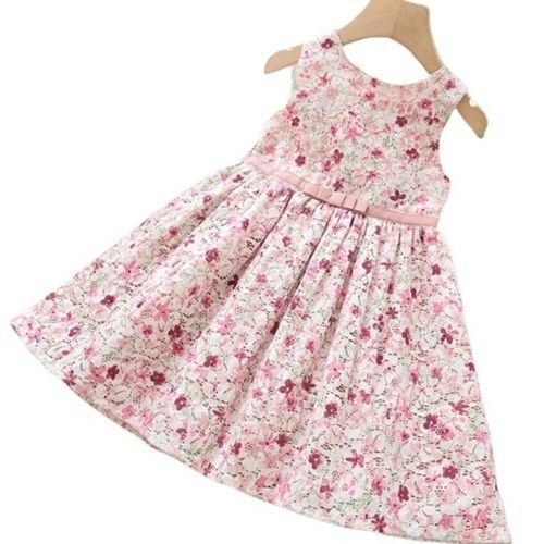 Casual Wear Sleeveless Light Pink Printed Cotton Kids Frock