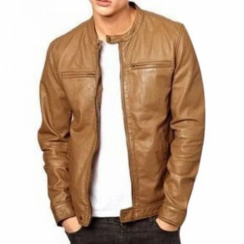 Brown Full Sleeve And Zipper Closure Casual Wear Plain Leather Jacket For Mens