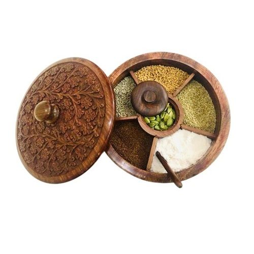 Inaithiram Sb06c Wooden Spice Box With 6 Containers