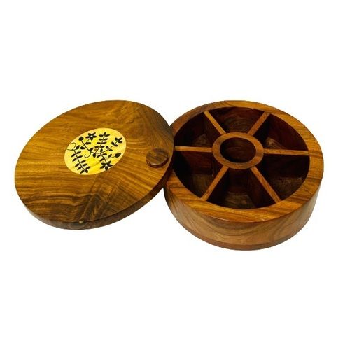 Brown Inaithiram Sb07F Sheesham Wood Round Spice Box 7 Compartments