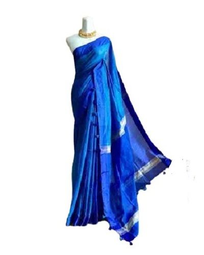 Summer Ladies Plain Blue Casual Wear Cotton Silk Saree