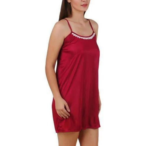 Red Plain Pattern Sleeveless Short Length Satin Nighty For Women