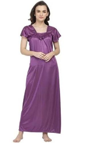 Purple Short Sleeve Plain Satin Nightgown For Ladies