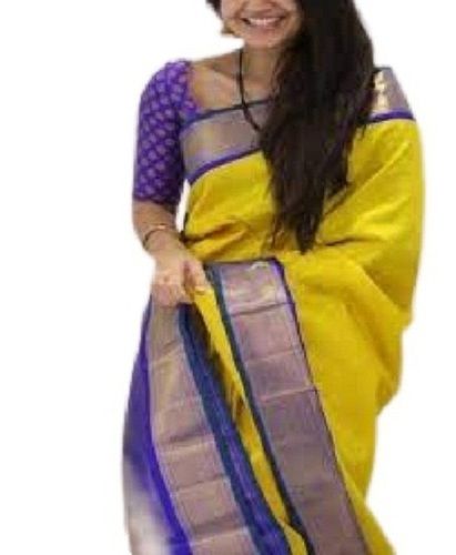 Blue With Yellow Ladies Cotton Silk Saree For Festive Wear