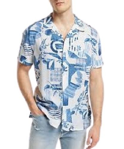 Mens Printed White And Blue Short Sleeve Breathable Casual Rayon Shirt Chest Size: 45 Inch