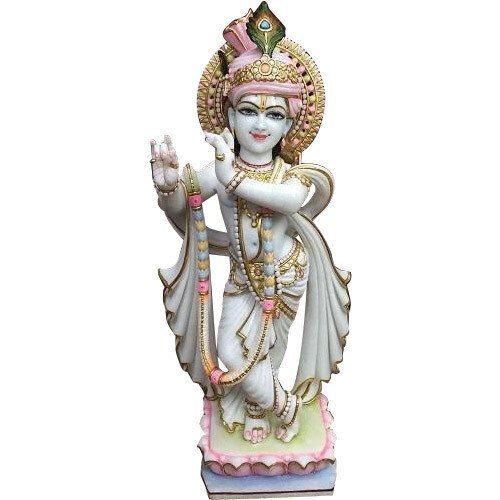 12 Inches Painted Handmade Glossy Finished Marble Krishna Statue