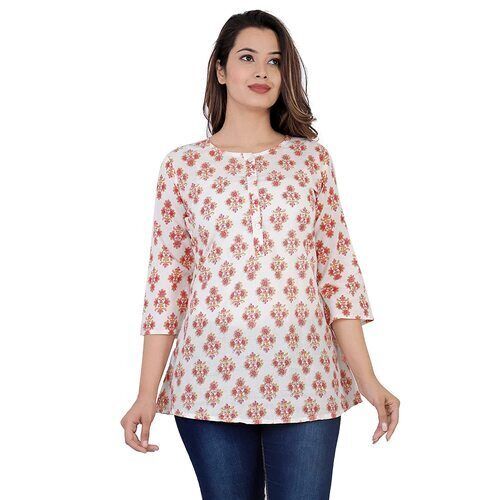 White 3/4Th Sleeves Skin Friendly Unfadable Cotton Printed Top For Ladies