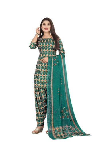 Green 3/4Th Sleeves Unfadable Printed Cotton Fancy Salwar Suit With Dupatta