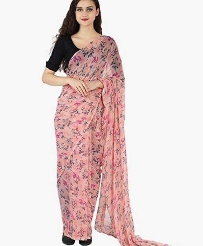 Peach Flower Print Chiffon Saree