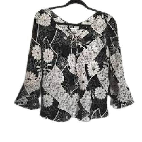 Black With White Full Sleeves And Round Neck Printed Chiffon Top