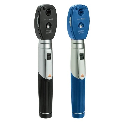 Heine Mini 3000 Direct Ophthalmoscope - Aluminum and Plastic, 0.300 Kg, Silver and Black or Silver and Blue, 18 Lenses from -20 D to +20 D, LED Illumination for Perfect Image Clarity