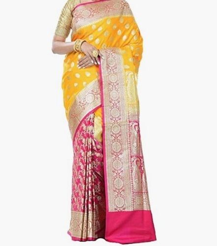 Pink Yellow Premium Quality And Lightweight Comfortable Banarasi Saree