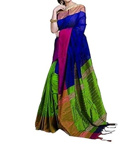 Summer Ladies Plain Party Wear Blue Cotton Silk Saree