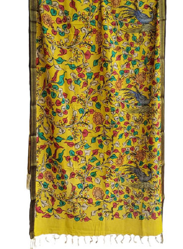 Yellow 2.5 Meter Unfadable Printed Cotton Silk Kalamkari Dupatta For Ladies