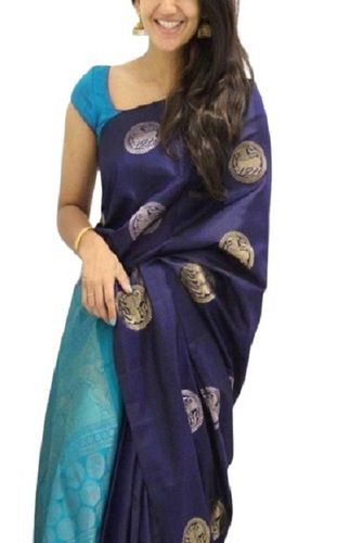 Summer Ladies Printed Navy Blue Traditional Wear Cotton Silk Saree