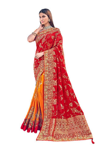 Red And Yellow Party Wear Anti Wrinkle Embroidered Chiffon Bridal Saree With Blouse Piece