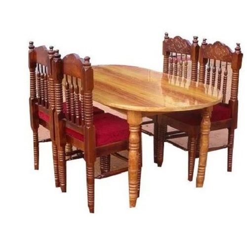 Teak Wood Finish Polished Wooden Dining Table Set