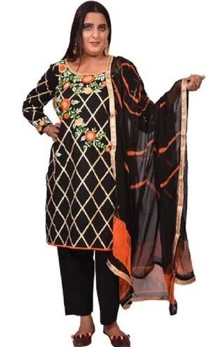 Black Full Sleeves Cotton Embroidered Punjabi Suit For Ladies