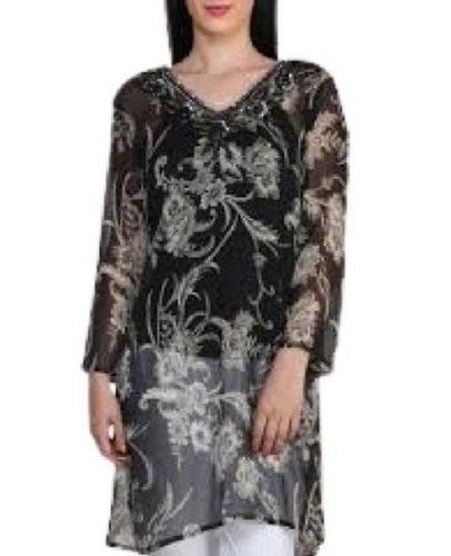 Ladies Black With Light Brown Printed Long Sleeve Casual Wear Chiffon Kurti  Bust Size: 42 Inch (In)