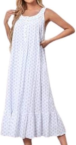 Summer Ladies White With Blue Printed Sleeveless Cotton Nighty