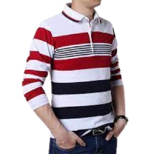 Mens Striped Full Sleeve Polo Neck T-shirt - Cotton, Sizes S, M, L, Xl, Color: White With Red Stripes, Long Sleeve Style, Classic Polo Neck