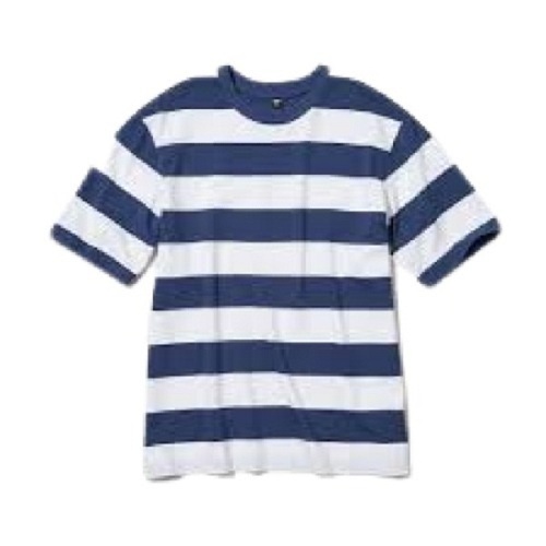 Mens Striped Short Sleeve Blue With White Casual Wear T Shirt - Cotton, Sizes S, M, L, XL, Color: White With Blue | O-Neck, Relaxed Fit, Breathable Fabric