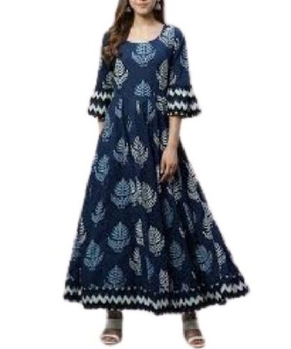 Blue Printed 3-4 Th Sleeve Casual Wear Cotton Anarkali Suit For Ladies