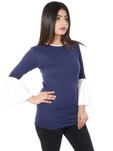 White And Blue Women Colorblock Round Neck Full Sleeves Cotton Crop Top