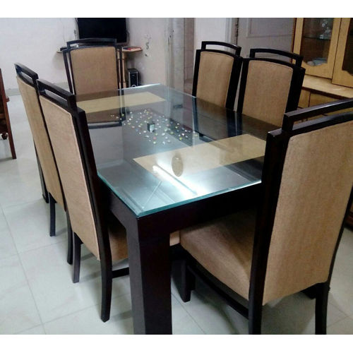 Black And Brown 6 Seater Glass Top Wooden Dining Table Set